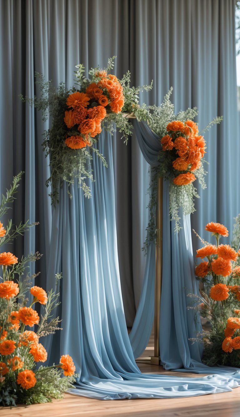 Ceremony backdrop with dusty blue drapes and burnt orange floral arrangements.